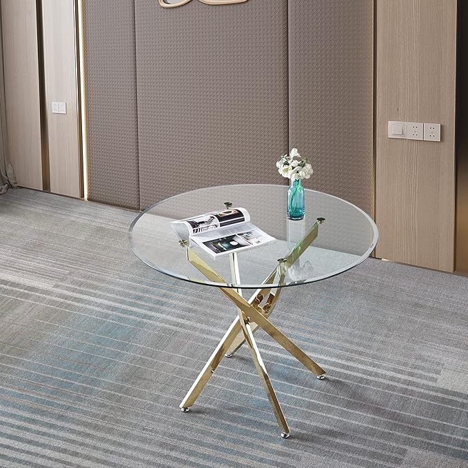 36" Coffe Table with Transparent Tempered Top,Round Glass Dining Desk for 4 W/Stainless Steel Feet,for Kitchen Living Room Gathering,in Gold/Clear Finish