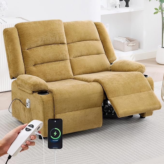 52Inch Power Loveseat Recliner,Electric Reclining Loveseat Sofa,Adjustable Love seat Recliner Sofa for Living Room,Bedroom with Charging Ports (Yellow)