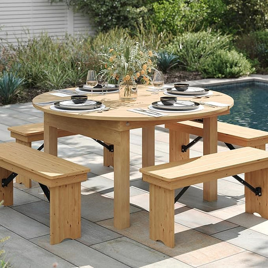 Flash Furniture Hercules Commercial Round Farmhouse Folding Table, Antique Rustic Solid Pine Dining Room Table, Foldable Locking Legs, 60" Diameter, Light Natural