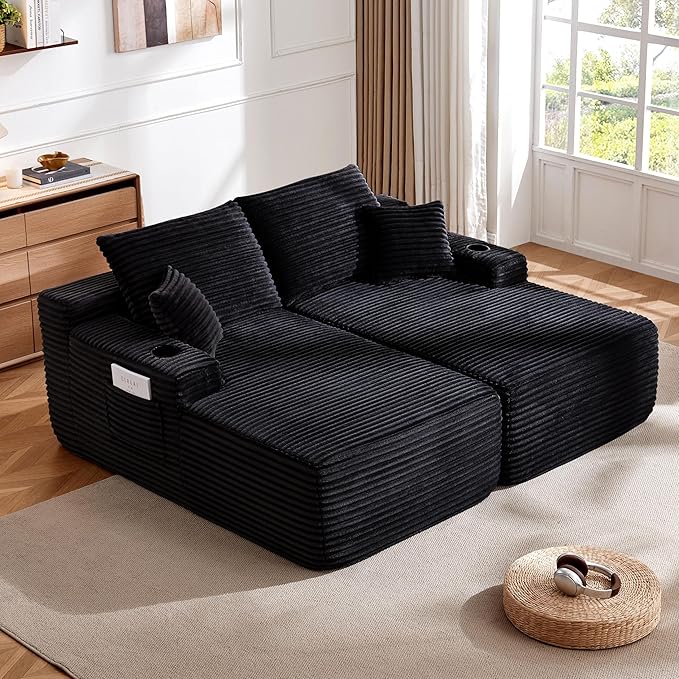 69-Inch Fluffy Corduroy Boneless Sleeper Daybed Loveseat Double Recliner Chaise Lounge Sofa Couches, Floor Cloud Sofa Chaise W/4 Pillows for Home Apartment Living Room