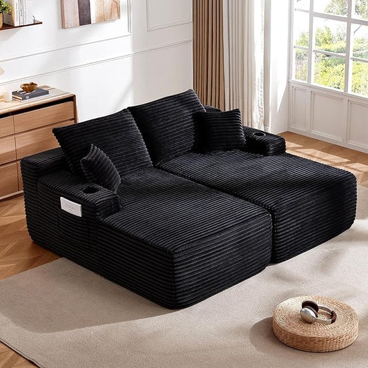 69-Inch Fluffy Corduroy Boneless Sleeper Daybed Loveseat Double Recliner Chaise Lounge Sofa Couches, Floor Cloud Sofa Chaise W/4 Pillows for Home Apartment Living Room