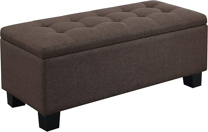 AC Pacific Tina Mid-Century Modern Tufted Storage Bench Lift Top with 2 Matching Ottomans, Upholstered Accent Seating for Living Room or Bedroom, Brown