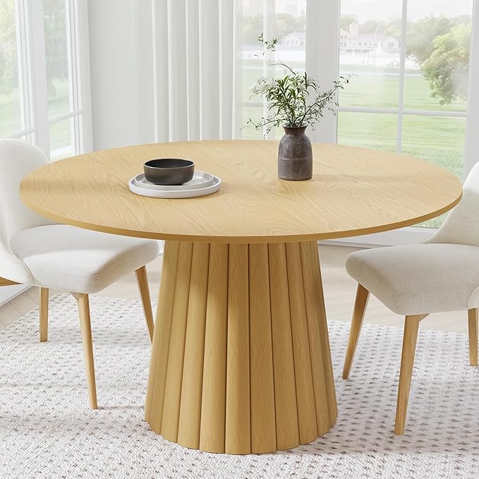 Casaphoria 52" Round Dining Table, Modern Wood Kitchen Table with Cone Shaped Strip Convex Base for Living Room & Dining Room, Easy Assembly Farmhouse Furniture for 4-6, Oak