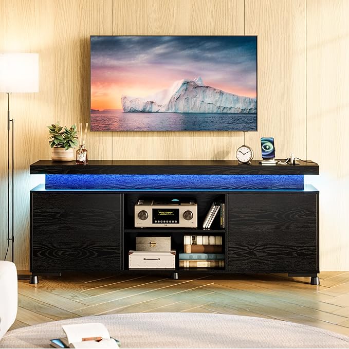 IRONCK TV Stands for TVs 65+ Inch with LED Lights and Power Outlet, Modern TV Console Entertainment Center with Storage Cabinet for Living Room