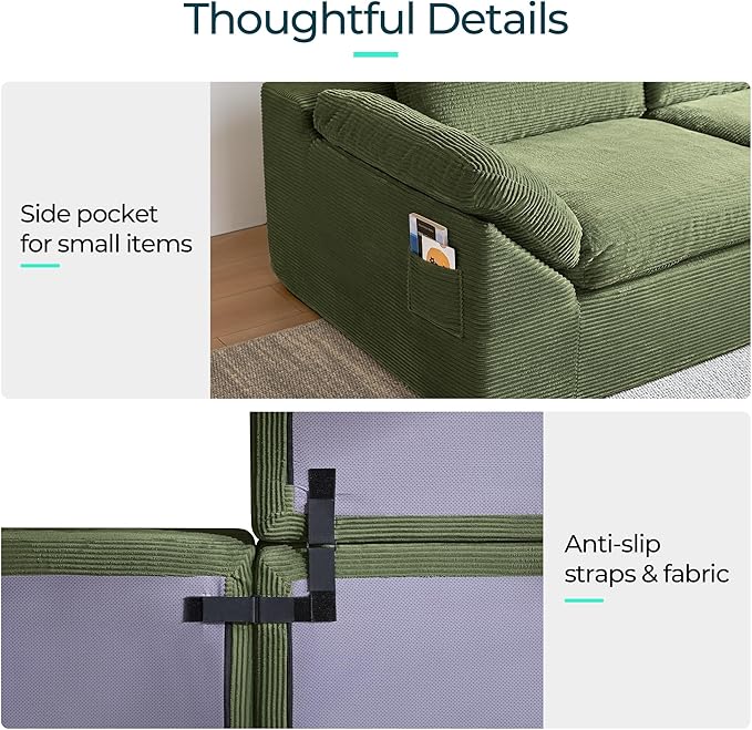 LINSY HOME 109" Modular Couch Modern Boneless Cloud Couch, U Shaped Sofa with Movable Ottomans, Deep Seat Corduroy Sectional Couches for Living Room, Apartment, No Assembly Required, Green