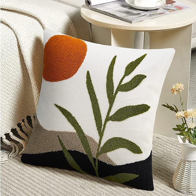 Merrycolor Decorative Throw Pillow Covers 16x16 Boho Pillow Covers Tufted Mid Century Modern Throw Pillows Abstract Leaf Pillow Cover Aesthetic Boho Pillows for Couch Bed Sofa Living Room 1PC