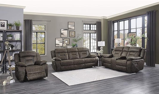 Homelegance Recliner Living Room Set, Manual Polished Microfiber Upholstery Recliner Sofas, Loveseat and Chair, 3-Piece Set, Dark Brown