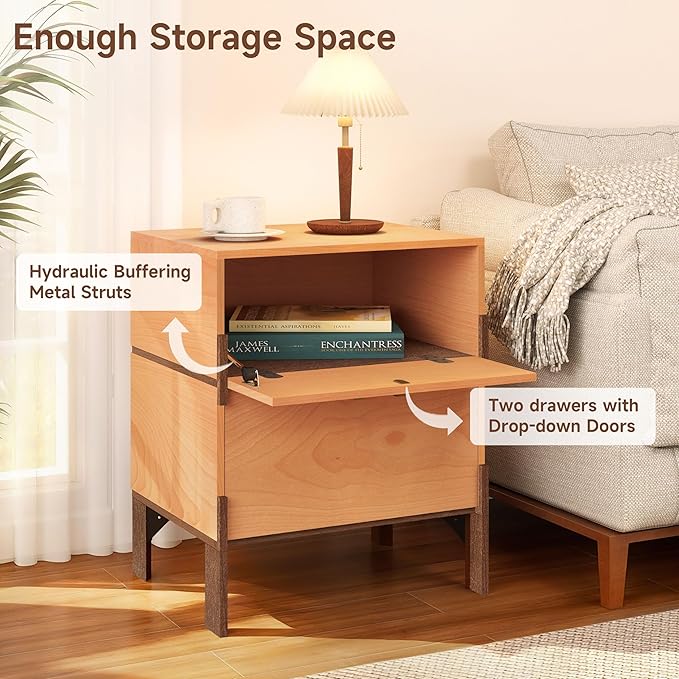 23" Night Stand, Easy Assembly Bedside Table with 2 Storage Drawers, Mid-Century Style Wood End Table for Bedroom, Dormitory, Basswood Color (1 pcs)