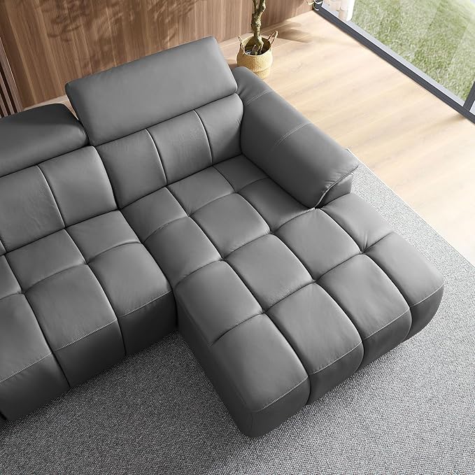 KEIKI 113" L-Shaped Genuine Leather Wall-Hugger Reclining Sofa with Right Chaise, Adjustable Backrest & Footrest, Modern Electric Control 3-Seater Couch with USB, for Living Room, Dark Grey