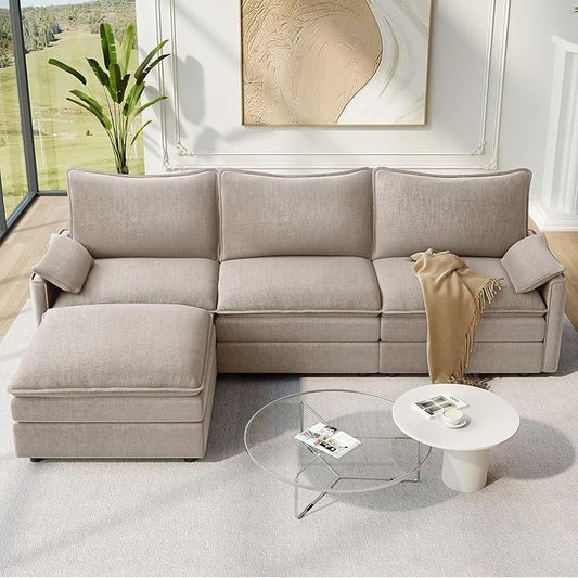 Vesgantti 108" Modular Sectional Sofa, Comfy Cloud Couch with Movable Ottoman Deep Seat Chenille L Shaped Modular Sofa, Sectional Couches for Living Room, Bedroom and Apartment, Light Brown | Sink-in Comfort, Height Adjustable, Easy Rearrangement, Extr...