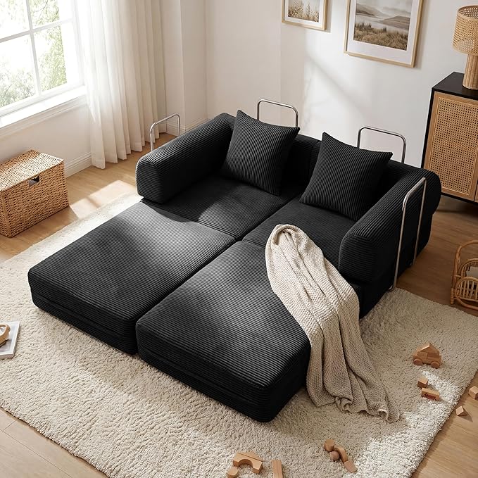 Convertible Compressed Corduroy Folding Cloud Sofa Bed, 59'' Modern Boneless Pull Out Loveseat Sleeper in a Box, 5 in 1 Floor Mattress Futon Cloud Couch, No Assembly Needed, Black, 2 Pillows, Queen