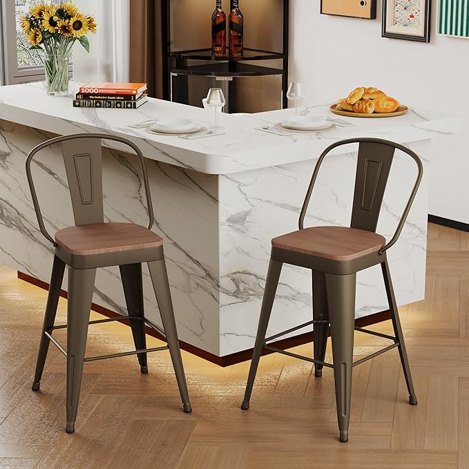 Andeworld Metal Bar Stools Set of 2, 30 inch Bar Height Barstools with Backs Farmhouse Modern High Back Bar Stools with Larger Seat Kitchen Dining Bar Chairs,Rusty