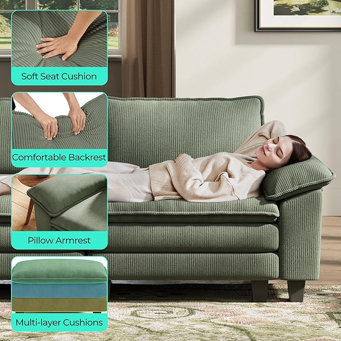 LINSY HOME Modular Sectional Sofa Couch Corduroy Cloud Couches for Living Room, U-Shaped Cloud Couch Sectional Sofas for Bedroom and Apartment, Green