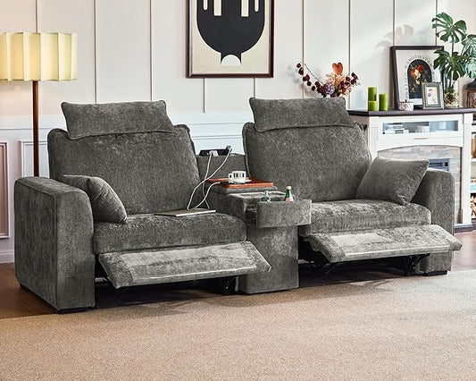 102.8'' Loveseat Power Recliner Sofa with Headrest, Oversized Cloud Modular Sectional Reclining Couch with Table, Storage Drawer, Charging, 2-Seater for RV Home Theater, Chenille, Grey