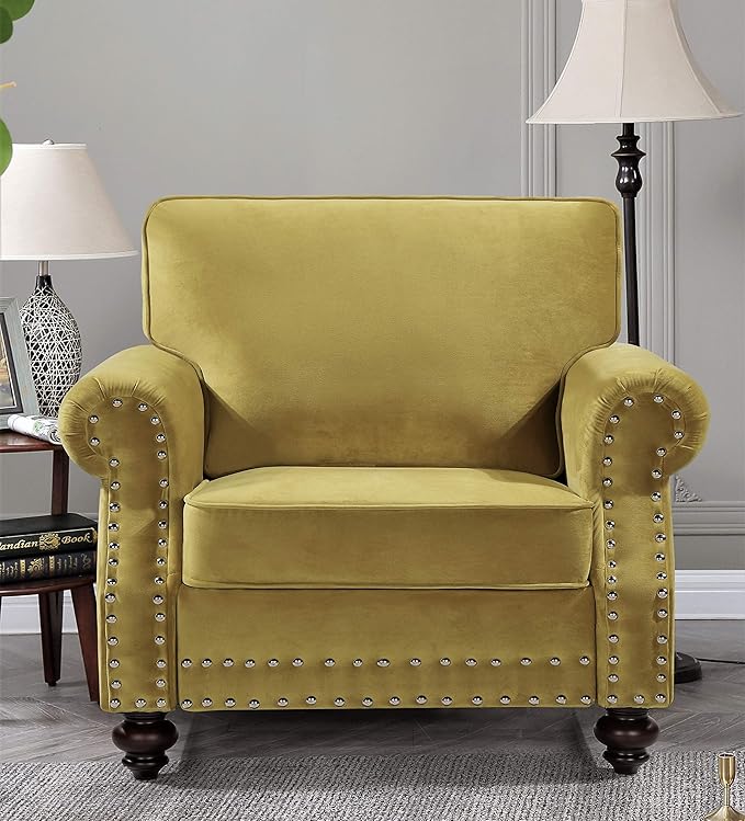 Container Furniture Direct Lotus Mid Century Modern Velvet Upholstered Living Room Rolled Arms, Chair, Loveseat and Sofa, Strong Yellow