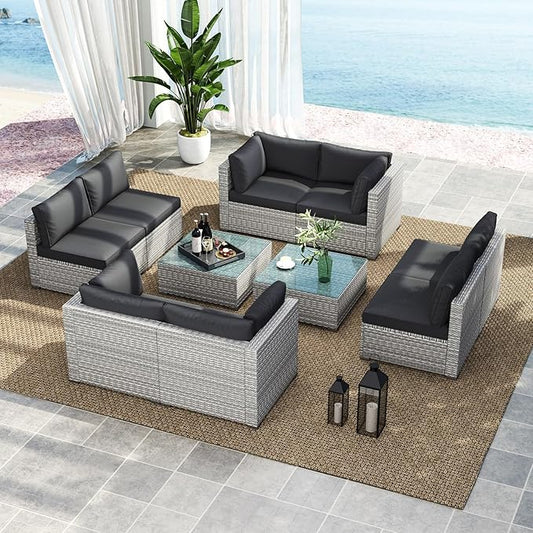 Tangkula 10-Piece Outdoor Patio Sectional Sofa Couch, PE Rattan Conversation Set w/Glass Coffee Table & Cushions, Outdoor Furniture Set w/Sturdy Metal Frame for Garden Poolside Backyard