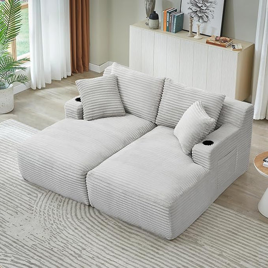 Eafurn Oversized Double Chaise Lounge Indoor with Cup Holders & Side Pocket, 71" Plush Corduroy Boneless Chaise Lounge Sofa with High Density Sponge & Deep High Seat Comfy Sleeper Couch Bed | Breathable material, No Assembly, 52" Deep Seat, 19.7" High ...