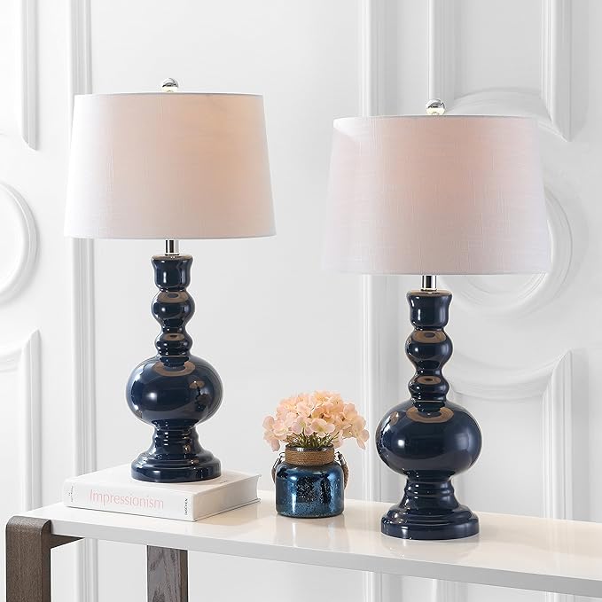 JONATHAN Y 28.5" Navy Glass Table Lamp Set of 2 for Living Room Bedroom Decor, Modern Bedside Lamps with White Linen Shade, LED Bulbs Included (JYL1061E-SET2)