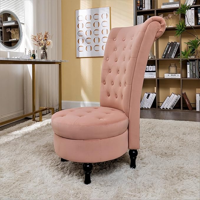Royal High-Back Velvet Accent Chair for Vanity with Storage and Luxurious Upholstery, Retro Design and Versatile Usage for Living Room, Bedroom, Lounge and Office, Rose