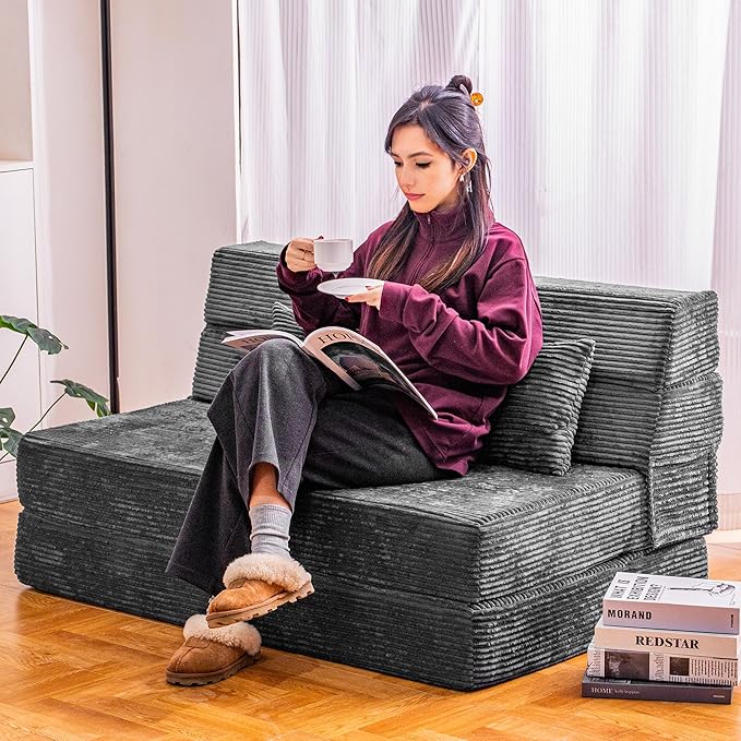 Cvortll Folding Sofa Bed, Convertible Sleeper Chair with Pillow, High Density Memory Foam Fold Out Couch, Foldable Mattress Futon Sofa for Living Room/Dorm/Guest Use/Apartment/Home Office