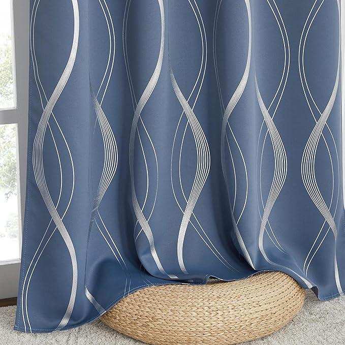 NICETOWN Stone Blue Blackout Curtains 54 inch Long Small Panels, 42 Inch Wide, Window Treatment Thermal Insulated Wave Line Foil Print Design Drapes for Kitchen, Cafe, Loft, Set of 2