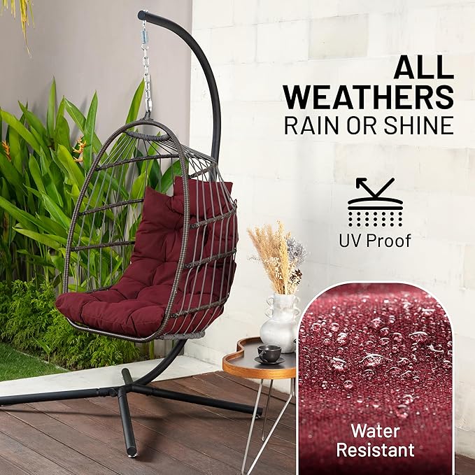 SereneLife Egg Chair with Stand – Hanging Rattan Wicker Swing for Indoor Outdoor Use – 350 lbs Capacity, Breathable Cushion & Headrest – Patio, Balcony, Porch, Bedroom Lounge Furniture