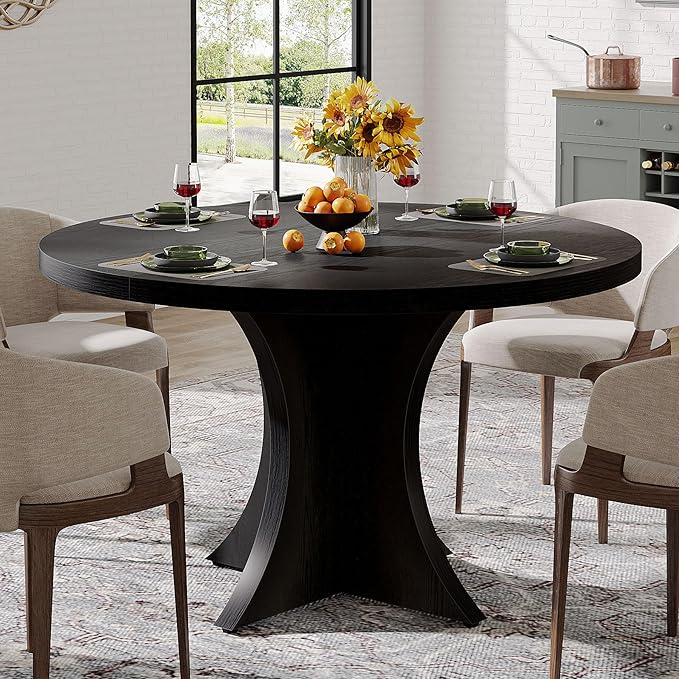 Tribesigns Round Dining Table for 4-6, 47.24-Inch Farmhouse Kitchen Table, Wood Dining Table with Pedestal Base, Small Dinner Table for Dining Room,Living Room, Small Space, Black