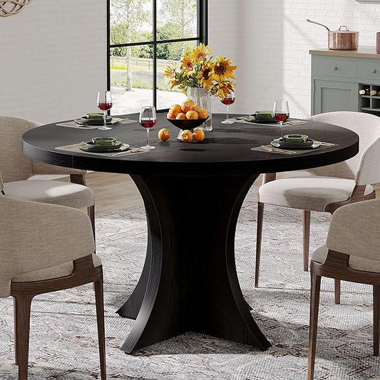 Tribesigns Round Dining Table for 4-6, 47.24-Inch Farmhouse Kitchen Table, Wood Dining Table with Pedestal Base, Small Dinner Table for Dining Room,Living Room, Small Space, Black