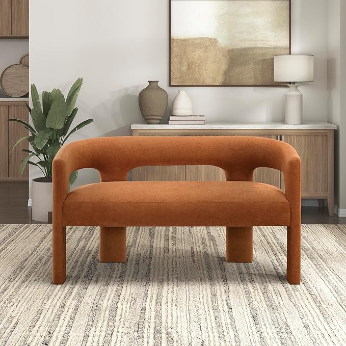 Lexicon 54.5 Inch Modern Curved Boucle Upholstered Dining Bench, Open Back Design, Soft Contemporary Accent Bench for Dining Room/Entryway, No Assembly Required, Orange