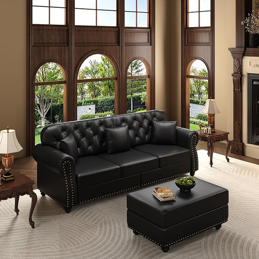 KEIKI 83" Faux Leather Chesterfield Sofa with Rolled Arms & Nailhead Trim & 1 Ottoman, 3-Seater Button Tufted Couch with High Resilience Cushion & 3 Pillow, Easy Assembly, for Living Room, Black