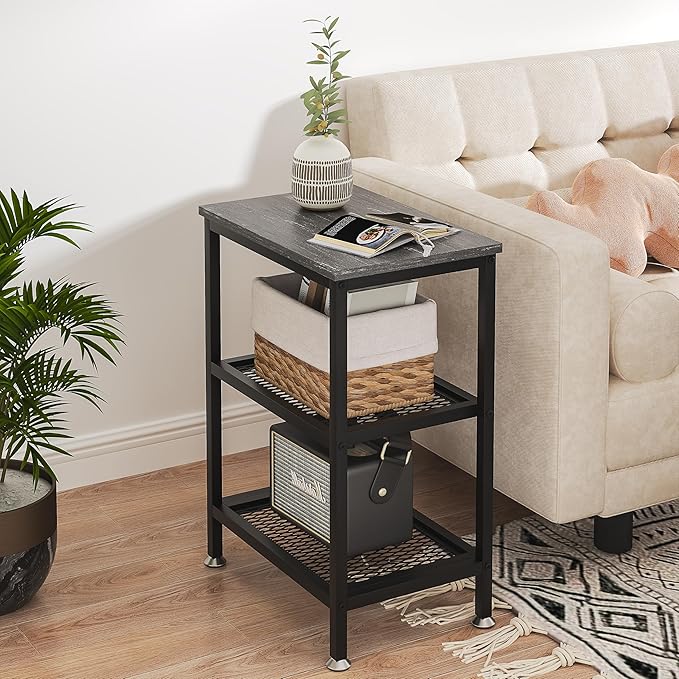 VECELO Tall End Side Tables, 30" Height Nightstand with 3-Tier Storage Shelf for Bedroom Living Room, Easy Assembly,Industrial Style, Carbon Grey