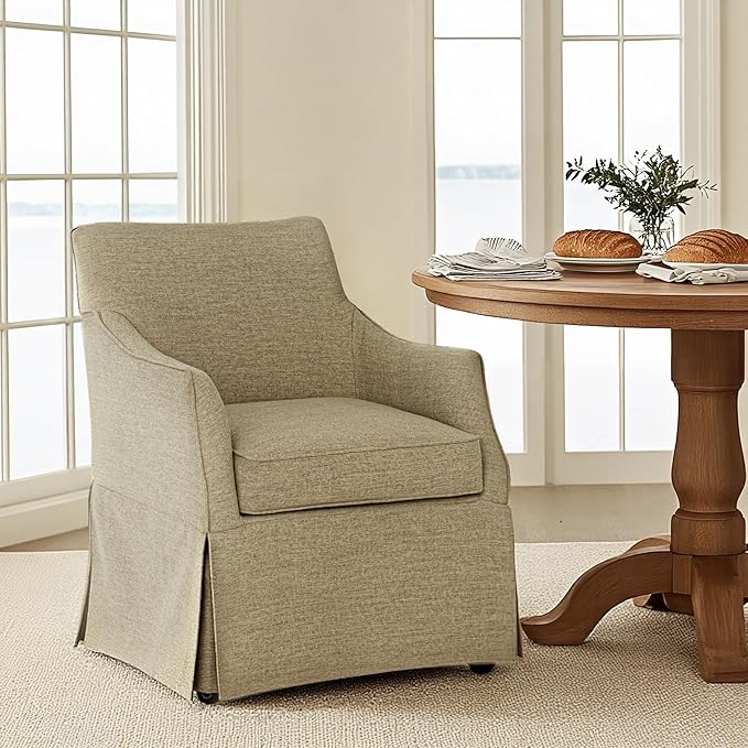 Martha Stewart London Dining Chair - Solid Wood & Plywood, Skirted Metal Base Accent Armchair, Lumbar Pillow -Modern Classic Family Dining Room Furniture 25" W x 26" D x 34" H, Beige