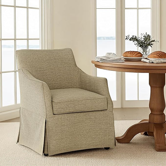 Martha Stewart London Dining Chair - Solid Wood & Plywood, Skirted Metal Base Accent Armchair, Lumbar Pillow -Modern Classic Family Dining Room Furniture 25" W x 26" D x 34" H, Beige
