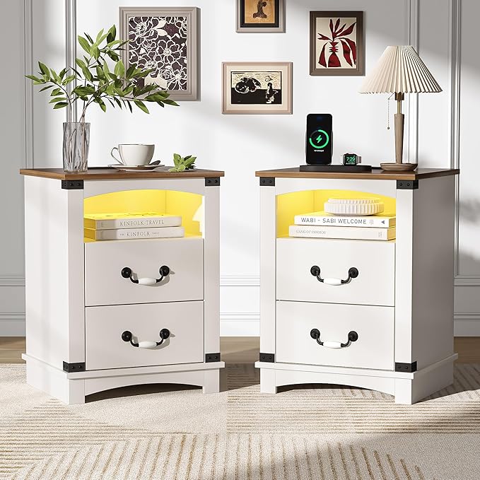 Maupvit Farmhouse Nightstands Set of 2 with Charging Station & Ceramic Handle, Wood Night Stand with 2 Storage Drawers, LED End Tables Living Room, Bedside Table for Bedroom, Antique White