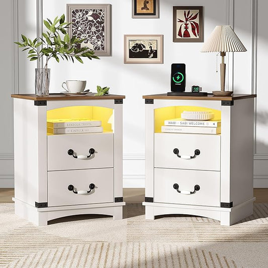 Maupvit Farmhouse Nightstands Set of 2 with Charging Station & Ceramic Handle, Wood Night Stand with 2 Storage Drawers, LED End Tables Living Room, Bedside Table for Bedroom, Antique White