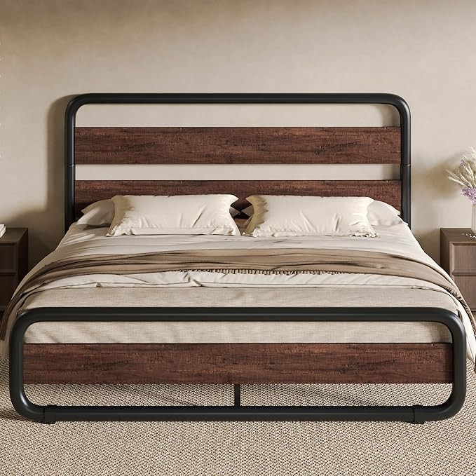 SHA CERLIN Queen Size Metal Bed Frame with Wooden Headboard and Footboard, Heavy Duty Oval-Shaped Platform Bed with Under-Bed Storage, Noise Free, No Box Spring Needed, Mahogany
