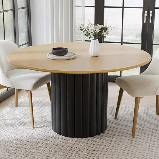 Casaphoria 52" Round Dining Table for 6, Two-Tone Wood Top and Black Pedestal Base, Modern Farmhouse Style, Dining Table Only
