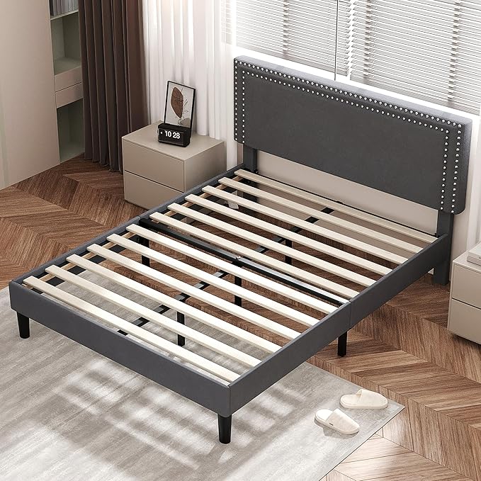 VECELO Full Size Bed Frame with Adjustable Upholstered Headboard, Wooden Slats Platform, Noise-Free Design, Easy Assembly