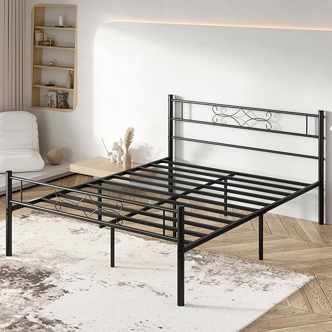 VECELO Queen Size Metal Platform Bed Frame with Headboard/Premium Steel Slat Support/No Box Spring Needed/Noise-Free Anti-Slip/Easy Assembly