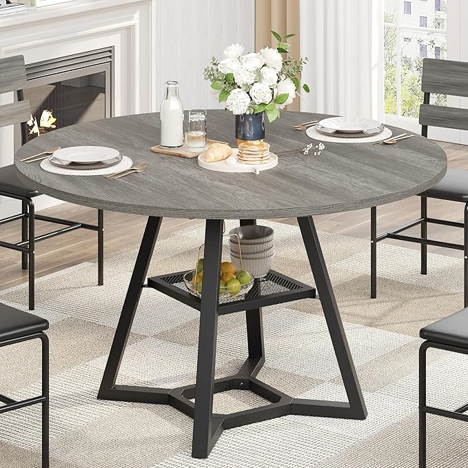 Round Dining Table for 4, Kitchen Tables Dining Room Circle Dinner Table with Pedestal Metal Frame, Space Saving Wood Industrial Kitchen & Dining Room Tables, Grey 47In