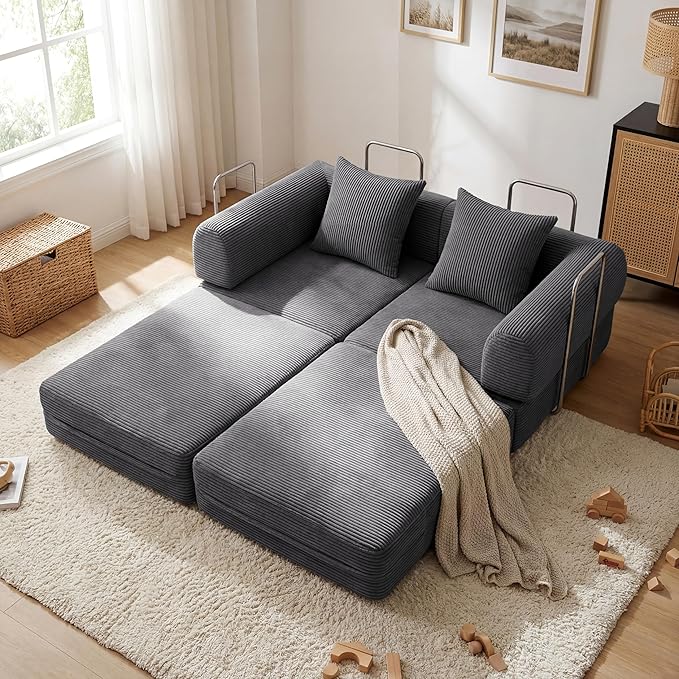 Convertible Compressed Corduroy Folding Cloud Sofa Bed, 59'' Modern Boneless Pull Out Loveseat Sleeper in a Box, 5 in 1 Floor Mattress Futon Cloud Couch, No Assembly Needed, Dark Grey, Pillows, Queen