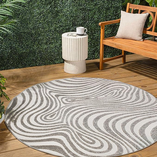 JONATHAN Y Maribo High-Low Abstract Striped Gray/Ivory 5' Round Indoor/Outdoor Area Rug, Pet Friendly, Non-Shedding, Stain Resistant, Easy-Cleaning for Backyard, Patio, Porch (SCN103B-5R)