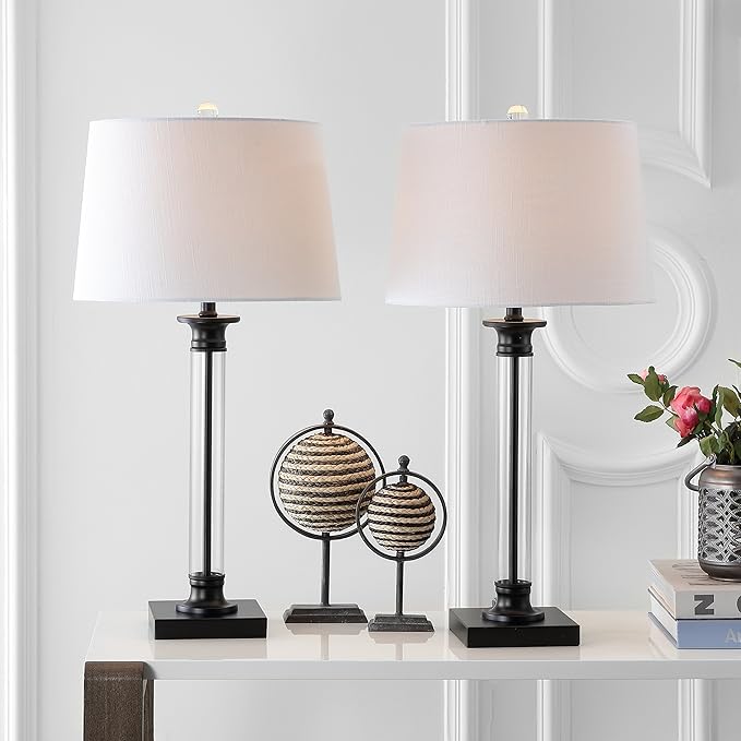 JONATHAN Y 30" Black/Clear Glass and Metal Column Table Lamp Set of 2 for Living Room Bedroom, Traditional Iron Base with White Linen Drum Shade, LED Bulbs Included JYL1008A-SET2