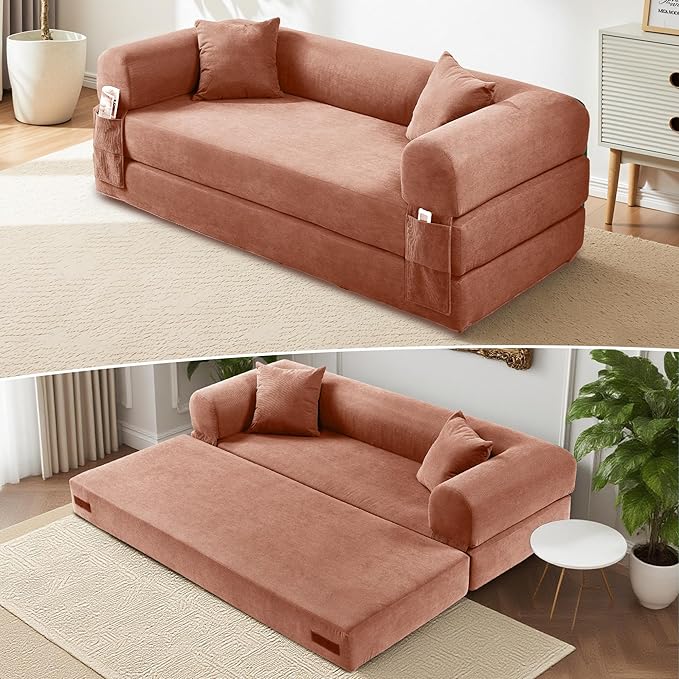 80" Convertible Sofa Bed, 3-in-1 Corduroy Folding Pull Out Couch with Pillows, No Assembly Modern Boneless Couch Compression Sofa in Box, Floor Sofa with Side Storage Pocket for Living Room,Pink