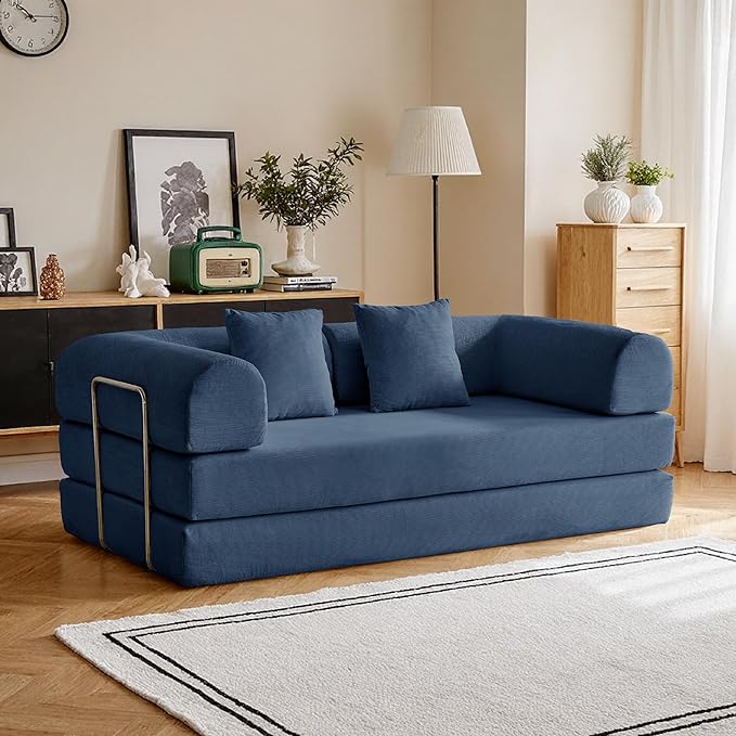 87'' Convertible Compressed Corduroy Folding Cloud Sofa Bed, Modern Modular Boneless Pull Out 3 Seater Sleeper in a Box, 5 in 1 Foldable Floor Mattress Couch, No Assembly Needed, Blue, Pillows, King