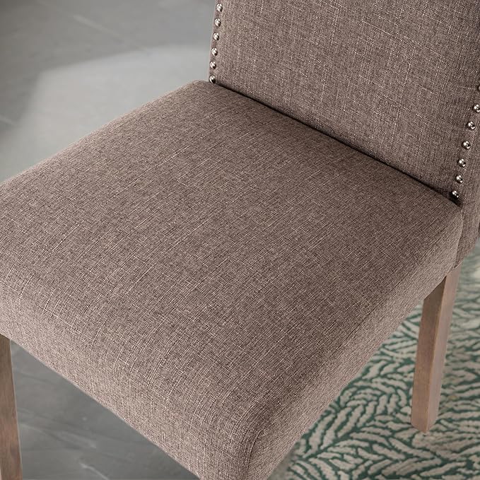 Upholstered Dining Chair Modern Stylish Parsons Kitchen Diner High Back with Silver Nailhead Trim & Wood Legs, Set of 2, Fabric Brown