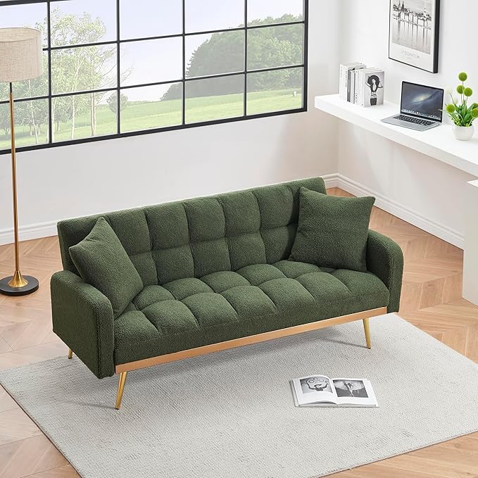 Eafurn Padded Convertible Futon Sofa Bed, Teddy Fleece Fabric Futons Loveseat Couch with Adjustable Backrest, Folding Sleeper Recliner Sofabed for Living Room Furniture | Golden Legs, Wood Frame