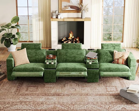152.4" Power Recliner Sofa Wall Hugger, Modular Cloud Sectional Reclining Couch with Headrest, Storage Drawer Cup Holder, 3-Seater with 2 Consoles for Home Theater Living Room, Chenille, Green