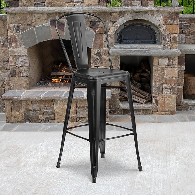 Flash Furniture Commercial Grade 30" High Distressed Black Metal Indoor-Outdoor Barstool with Back