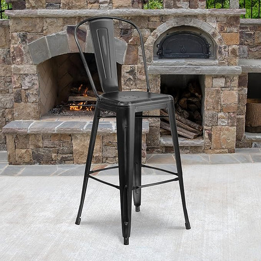 Flash Furniture Commercial Grade 30" High Distressed Black Metal Indoor-Outdoor Barstool with Back